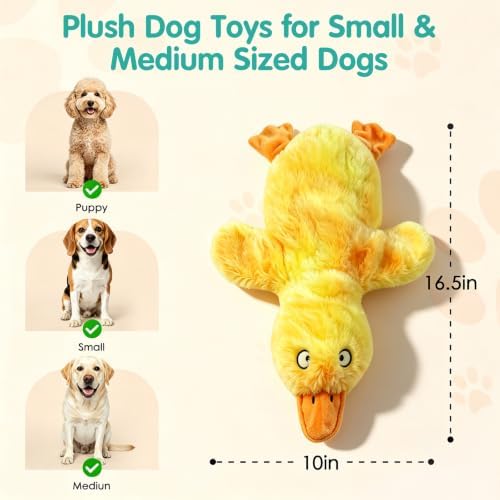 Fuufome No Stuffing Duck Squeaky Dog Toy, Crinkle Plush Chew Toy for Puppy