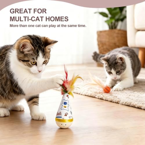 Interactive Cat Wobbler Toy for Indoor Cats Bouncy ball with feather Tails