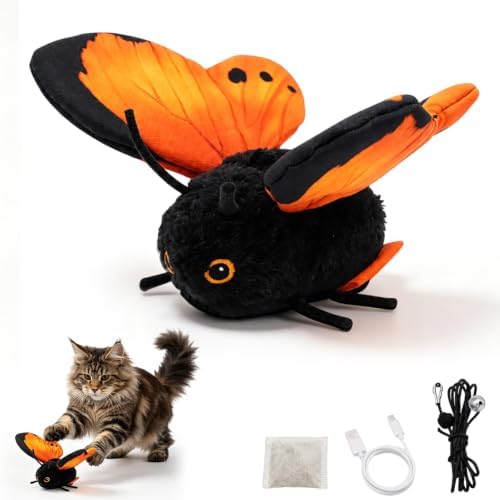 Smart Sensing Flapping Butterfly Toy Interactive Cat, Interactive Butterfly Cat Toy, Rechargeable Touch Activated Kitten Toy, Durable Plush Build for Bored Indoor Cats (Orange)