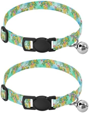 Flowers Green Vines Blue Pet Collar 2 Pack Pet Collars for Cats Adjustable 10.6 to 17.1 Inches