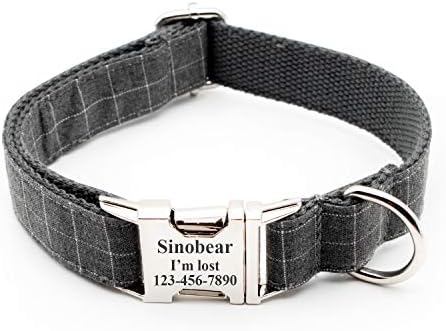 Durable Engraved Dog Collar Custom Name Fabric Adjustable (Gray Plaid)