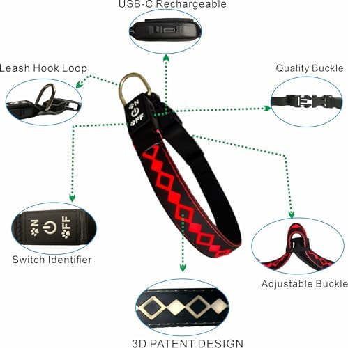 Personalized Flashing Night Dog Collar with Waterproof airtag Holder for Black Dog Night Walking (Blue, S(7.87-11.8"))
