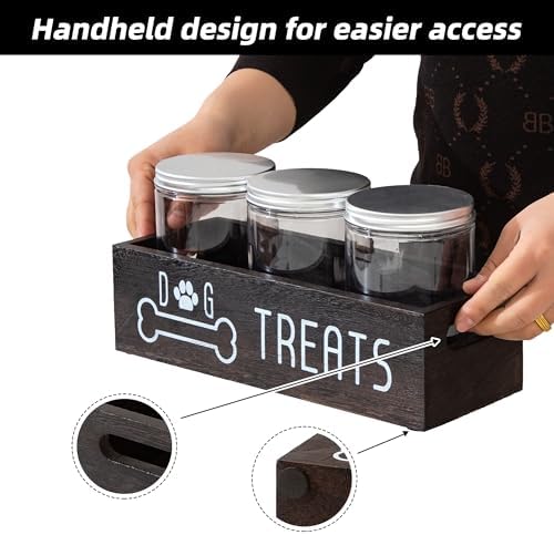 Dog Treat Container with 3 Airtight Jars, Wood Pet Organizer, Black