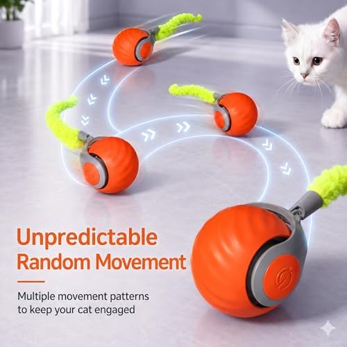 Interactive Rolling Cat Ball Toy, Automatic Moving Cat Toy with Detachable Plush Tail, Dual Speed & Dual Mode Rechargeable Indoor Kitten Exercise Toy（1.97In,0.09lb,Orange）
