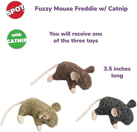 SPOT Fuzzy Mouse Freddie Cat Toy with Catnip – 3.5in Plush Mouse for Cats & Kittens, Crinkle Sound, Great for Batting, Chasing & Interactive Play – Assorted Colors