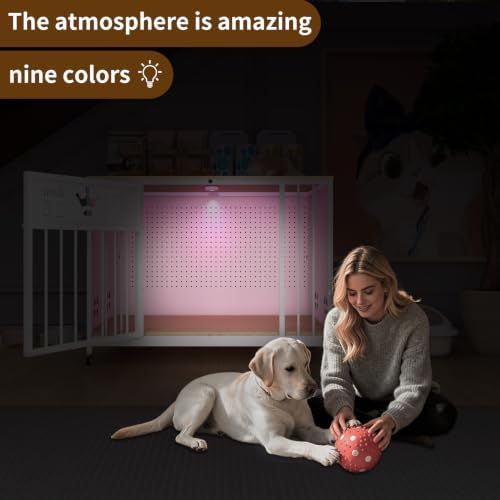 31.5" Iron Pegboard Dog Crate Furniture with Solid Wooden Top & RGB Lights