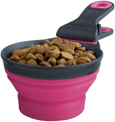 Dexas Popware for Pets Collapsible Klip Scoop, 3-in-1 Pet Food Scoop, Measuring Cup and Bag Clip, 1/2 Cup Capacity, Pink