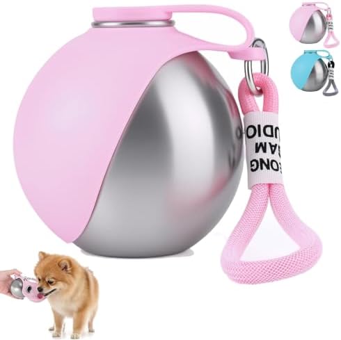 2 in 1 Portable Tumbler for Dogs, Portable Dog Water Ball, 10oz Stainless Steel Pet Water Dispenser with Silicone Foldable Bowl, Leak Proof, Portable Small Dog Water Bottle for Walking, Hiking(Pink)