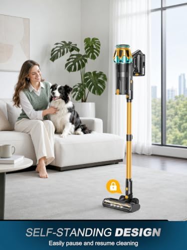 Cordless Vacuum Cleaner, 600W/58KPa/60Mins Self-Standing Stick Vacuum | Anti-Tangle, 1.8L Dust Cup, Locks Dust Away, Multi-Surface Cleaning, LED Display, Wall Charger, Lightweight