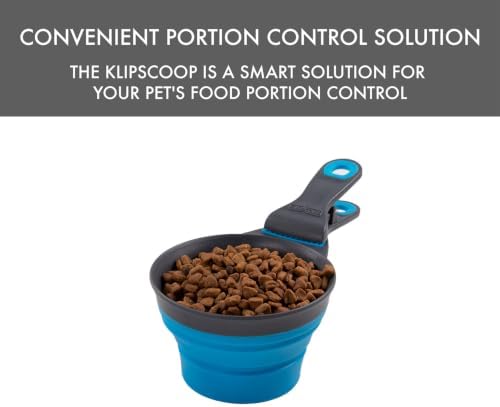 Dexas Popware for Pets Collapsible Klip Scoop, 3-in-1 Pet Food Scoop, Measuring Cup and Bag Clip, 2 Cup Capacity, Pro Blue