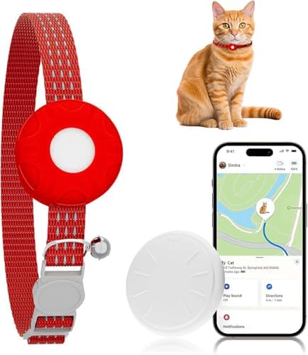 Cat Tracker, Compatible with Apple Find My App(Only iOS), Waterproof Cat Tracker Collar with Bell and Safety Elastic Buckle, No Monthly Fee GPS Tracker, Territory & Location History (Red)