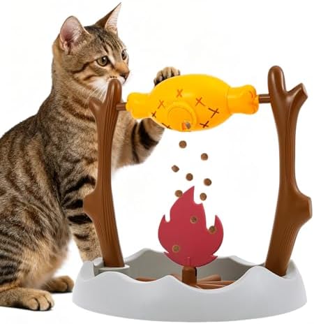 Cat Puzzle Toy - Cat Treat Dispensing Slow Feeder with 3 Dispensing Holes, Rotatable Roast and Flame Interactive Cat Treat Dispenser Toy, Enrichment Interactive Stimulation Toy for Indoor Kitty