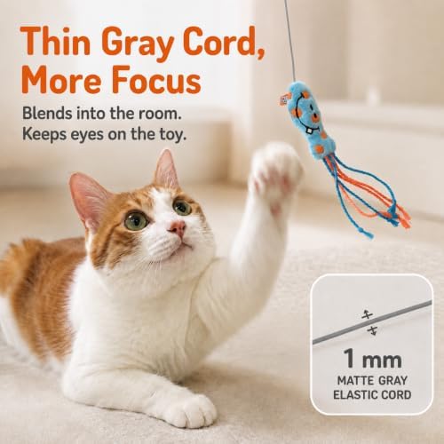Interactive Cat Wand Toy with Plush Fish Teaser, Ultra-Thin Elastic Cord, Retractable Stainless Steel Wand for Indoor Cats
