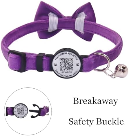 THAIN Personalized Cat Collar with Bell and Bowtie Breakaway QR Code Name Smart ID tag Quick Release Soft Comfortable Collar for Cats and Kittens (Purple)
