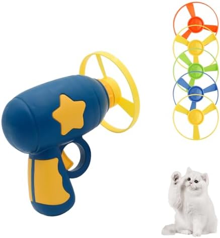 Andiker Cat Fetch Toy, Interactive Kitten Flying Disc Launcher Toy with 5 Colorful Flying Propellers for Cat Enrichment, Flying Saucer Toy for Cats for Training and Chasing (Navy Blue)