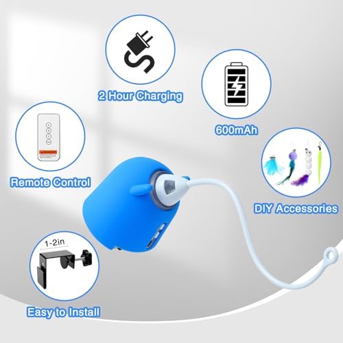 Cat Toys Interactive for Indoor Cats, Rechargeable Toy Hanging Door Electric with 4pcs Feathers Toys for Bored Kittens (Blue)