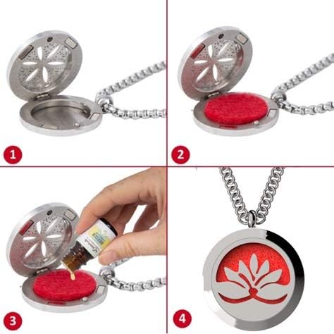 Tree of Life and Open Lotus Essential Oil Diffuser Necklace Stainless Steel Pendants with 24" Chains + 12 Refill Pads