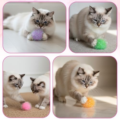 Psyqtsuary 12 Pcs Cat Ball Toys, 2 Inch Sparkle Fuzzy Balls Interactive Cat Toy Soft Pom Pom Sparkle Fuzzy Balls Assorted Color