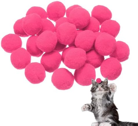 Cat Toy Pom Ball, Interactive Cat Ball Toys Fuzzy Pompoms (Plush, 1.2Inch, 30Pcs, Rose Red) for Kittens Pet Enrichment Training Play Indoor