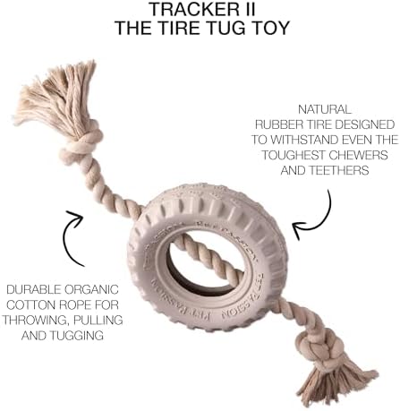 Pet Passion Natural Rubber Tire and Organic Cotton Rope Pull and Chew Dog Toy for All Pet Breeds, Almond Milk, Medium