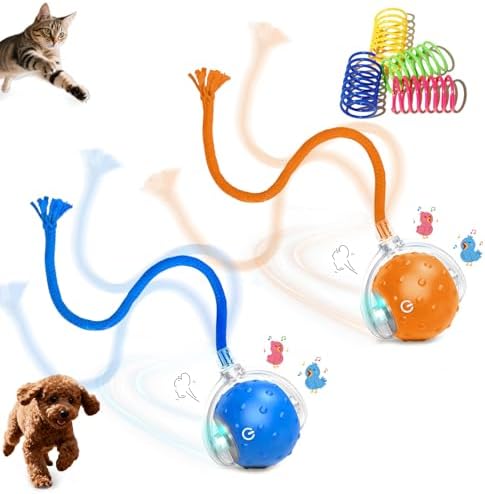 2-Pack Interactive Cat Toys Ball for indoor Cats＆Dog,Automatic Cat Toy with Smart Obstacle Avoidance &Bird Chirps ,Includes 4 Cat Spiral Spring,Cat Enrichment Toys for Indoor Cats(Orange＆Blue)