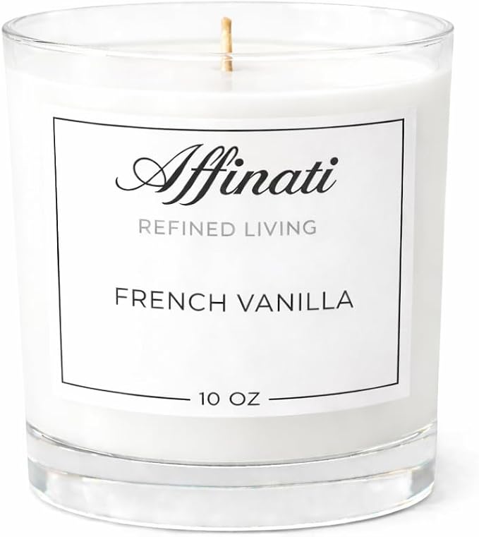 French Vanilla Affinati 10 oz Scented Candle for Home – Long Lasting Fruity Soy Blend Candle with Wooden Wick, Strong Scent Throw Glass Jar Candles, Premium Clean Burning Aromatherapy Gifts