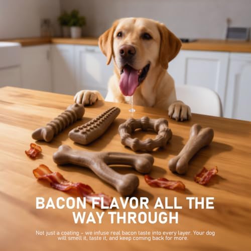 MECOOL 5-Piece Durable Nylon Dog Chew Toys Set – Bacon Flavored Tough Bones for Aggressive Chewers, Long-Lasting Interactive Teething Toy for Medium Large Dogs