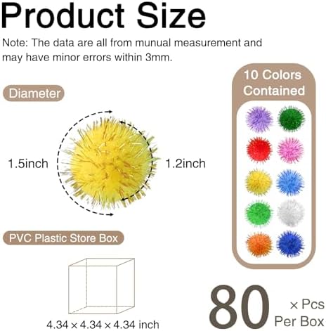 80 Pcs Sparkle Pom Pom Balls 1.5 Inch Cat Toy Chase Ball Interactive Glitter Tinsel Ball for Kitten Cat Favorite Gift Assorted Color