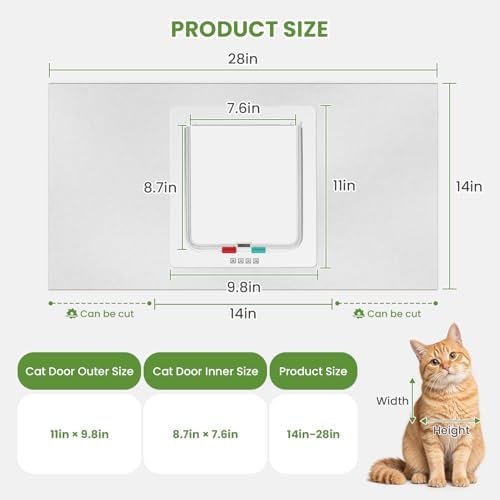 Frosted Cat Door for Window, Fits 18-28 Inch, Magnetic Closure, 4 Modes