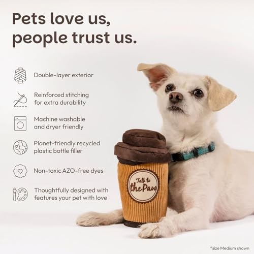 P.L.A.Y. Cute Plush Dog Toys - Coffee Shop Food Themed Durable Squeaker Chew Toy for Medium & Large Dogs - Machine Washable, Recycled Materials (Pup Cup Cafe Doggo's Java, Medium)