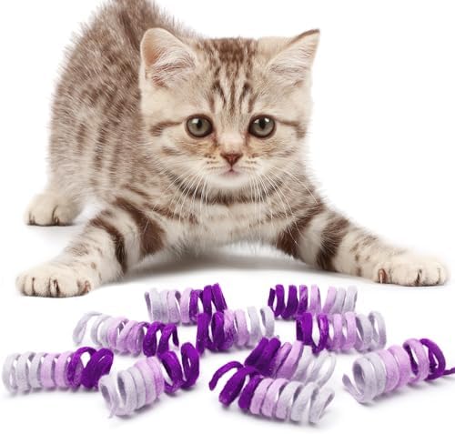 Glaciart One Felt Mini Spring Cat Toy – 10 Pcs Soft Fuzzy Enrichment 100% Natural Wool - Interactive Stretchable Play Cat Toy Set - Safe for Pets, Non-AZO Colored Dyes - 11” Long