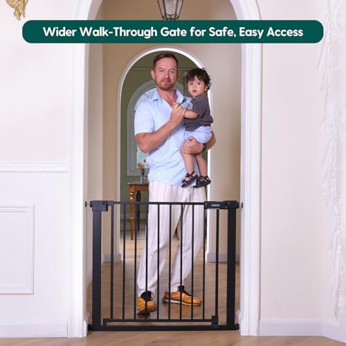 Babelio Baby Gate for Stairs No Drilling, PressGuard, 31-36 in Dog Gate | Pressure/Wall Mount, Dual Lock with Indicator, Auto Close, Heavy Duty, Easy Install for Doorways, Kitchens, Hallway, Black