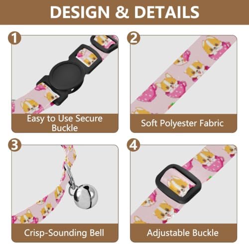 Cute Cartoon Puppies Strawberries Soft Cat Collar, 2 Pack Kitten Collar with Bell