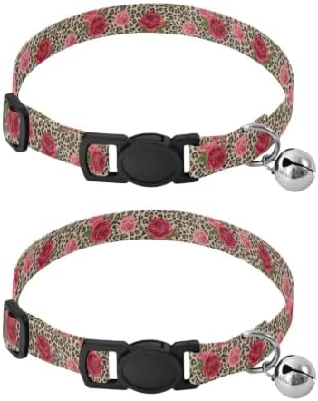 2 Pack Pet Collar Red Roses Green Leaf Puppy Collar with Bell, Adjustable 10.6 to 17.1 Inches