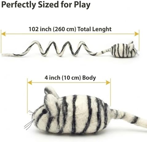 Glaciart One Felt Mouse Cat Toy – Soft Fuzzy Enrichment 100% Natural Wool - Interactive Catnip Play Cat Toy Set - Safe for Pets, Non-AZO Colored Dyes - 100” Long