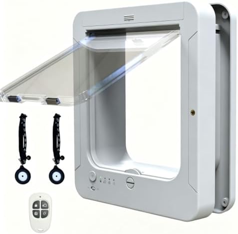 Smart Pet Door Cat Door, Automatic Pet Door, with Collar Sensor & Remote Control, Controllable Entry and Exit Directions(4 Locking Ways), 10.35"x11.73", for Cats & Small Dogs White