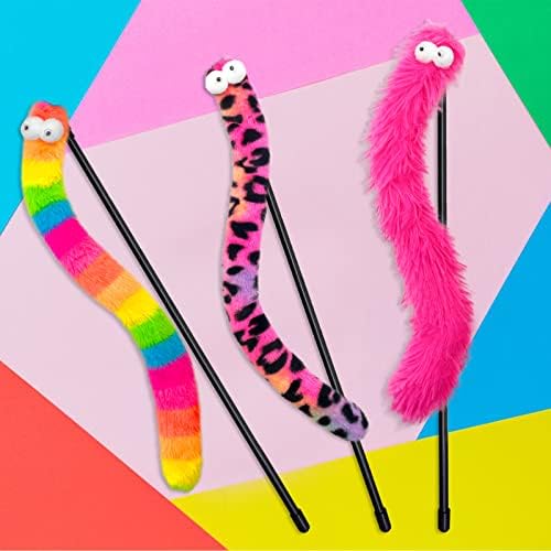 Cat Wand Toys with Bright Furry Critter Tails and Bells, 3-Pack