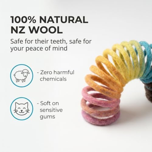 Glaciart One Felt Spring Cat Toy – 3 Pcs Soft Fuzzy Enrichment 100% Natural Wool - Interactive Stretchable Play Cat Toy Set - Safe for Pets, Non-AZO Colored Dyes - 30” Long