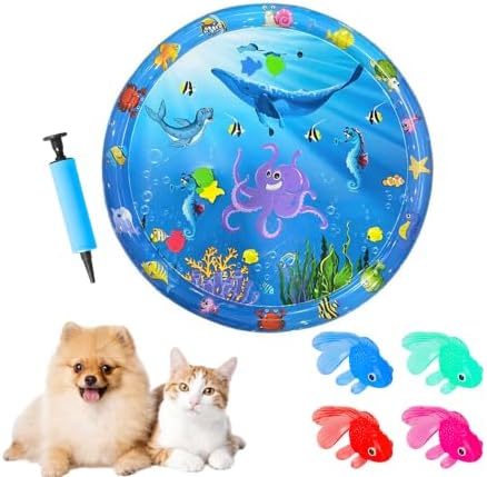 2026 Upgraded Cat Water Mat – 5-Layer Anti-Scratch Leak-Proof Sensory Play Mat for Indoor Cats, BPA-Free Cooling Water Pad, Interactive Enrichment Toy (S14, 100*100CM, 4 Fish + Pump Included)