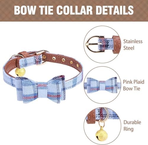 KOOLTAIL Small Dog Collar and Leash Set with Bowtie and Bells - Cute Puppy Bandana Collar and Leash for Male with Classic Plaid Pattern, Soft Leather Tangle Free Leashes for Small Dogs Boys Girls,Blue