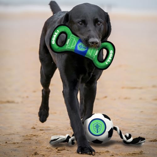 Pets First MLS Seattle Sounders FC Soccer Field Tug Toy & Soccer Ball Rope Toy Set for Dogs - Officially Licensed Interactive Squeaky Rope Fetch & Chew Toys with Team Logo