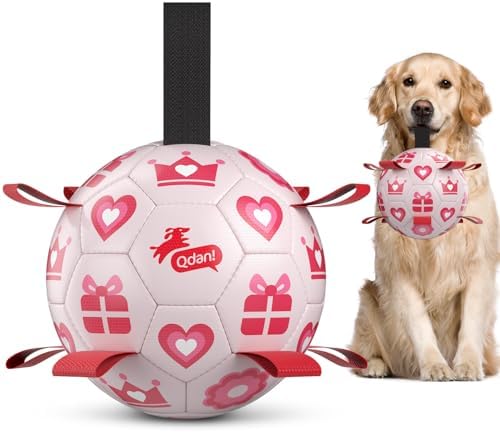QDAN Valentines Gift Dog Toys, 8 Inch Dog Soccer Ball with Straps, Pink