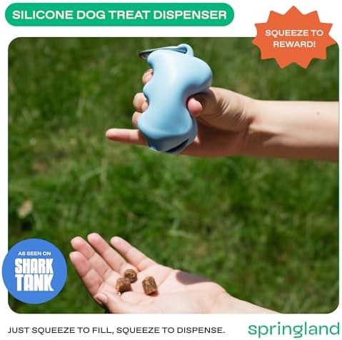 Springland Silicone Dog Training Treat Pouch for Leash, Sky Blue | One-hand squeeze dispenser, food-grade silicone, BPA-free, carabiner included, easy-fill holder for rewards on the go