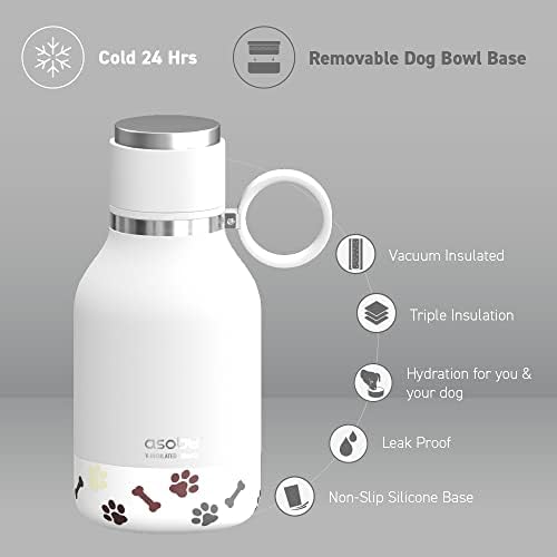 asobu Buddy Bottle, a Stainless Steel Insulated Water Bottle with Removable Dog Water Bowl and Dog Food and Treat Storage plate (White, 37 oz Water Bottle with 2 Bowls)