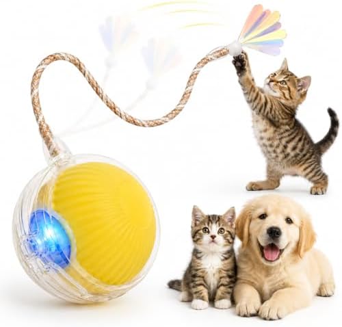 Interactive Cat Toy Ball with LED Lights – USB-C Rechargeable Automatic Cat Toy with Feather Tail for Indoor Cats & Kittens, Upgraded Version
