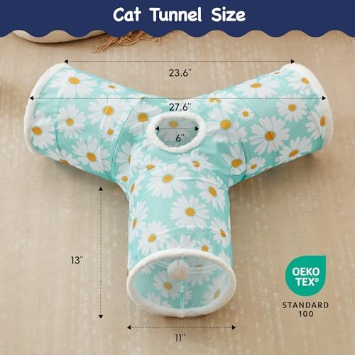 Tempcore Cat Tunnel, 3-Way Collapsible Toy for Indoor Cats, Daisy Blue
