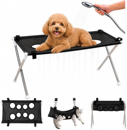 Dog Grooming Hammock Stand, Foldable Pet Bathing Stand (Black A)