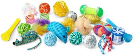 Amazon Basics Cat Toy Set, 20 Piece Variety Pack with Teaser, Ball, Feather, Spring