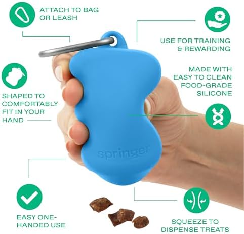 Springland Silicone Dog Training Treat Pouch for Leash, Blueberry | One-hand squeeze dispenser, food-grade silicone, BPA-free, carabiner included, easy-fill holder for rewards on the go