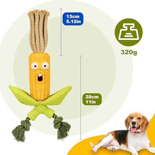 Corn Shape Rubber Dog Toy with Rope Tug, Treat Toys, Squeaker Interactive Durable Chew Toys for Dogs, Safe Non-Toxic Material, Clean Teeth Design for Indoor and Outdoor Play